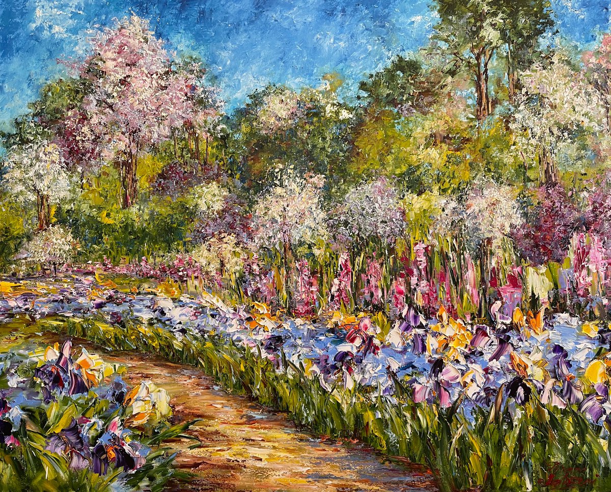Impressionistic Landscape Oil Painting By Diana Malivani, 59 X 47, Iris Dans Les Jardins De Monet, Original Artwork