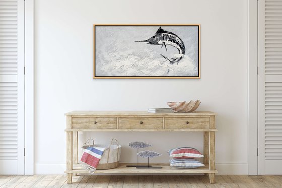 OCEAN SURPRISE II. Large Gray Abstract Painting of Fish Jumping out of the Water