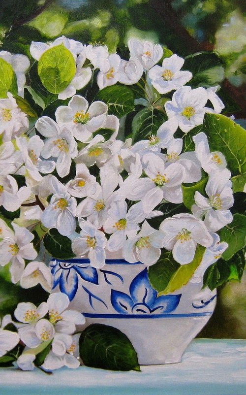 Apple Blossoms in Blue Vase by Natalia Shaykina