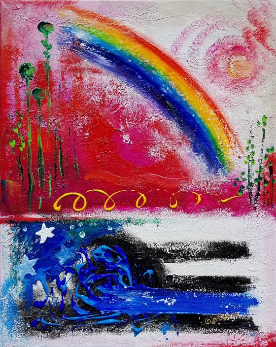 Sunrise and Rainbows over the River - original acrylic painting on stretched canvas