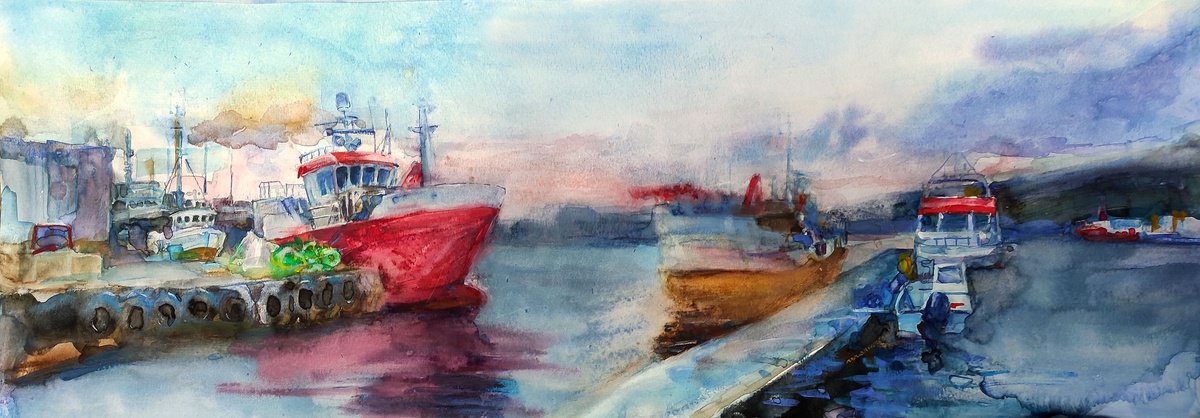 Impressionistic Landscape Watercolour By Vladimyr Shandyba, 38 X 15", Port On Skarbovik, Original Artwork
