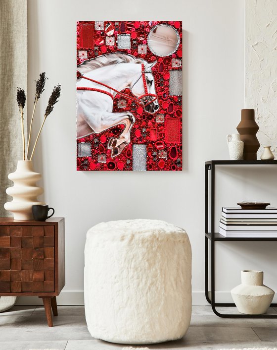 Decisive leap. A white racehorse