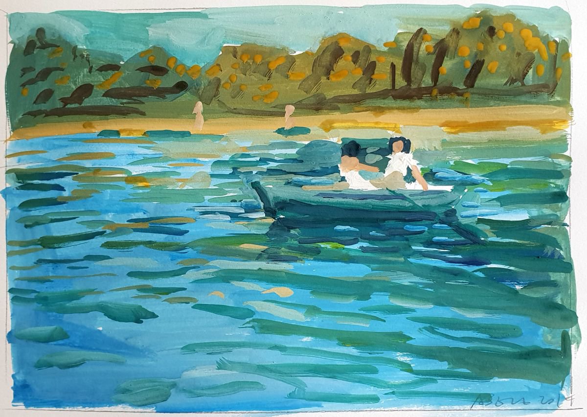 Impressionistic Painting , Boating On The Lake By Stephen Abela, 12 X 8, Artwork For Sale On Artfinder