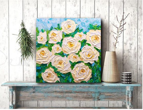 White Roses - Heavy Impasto Floral Painting, Palette Knife Art