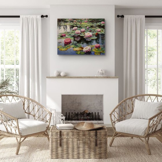 "Pink Lilies on the Pond"