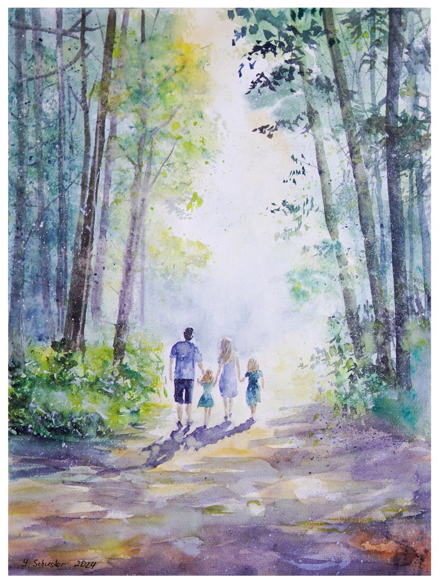Impressionistic Landscape Watercolour By Yulia Schuster, 12 X 16", Forest Stroll, Original Artwork