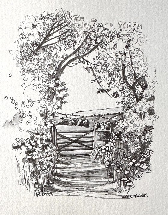Gateway in Spring. English Countryside Pen & Ink