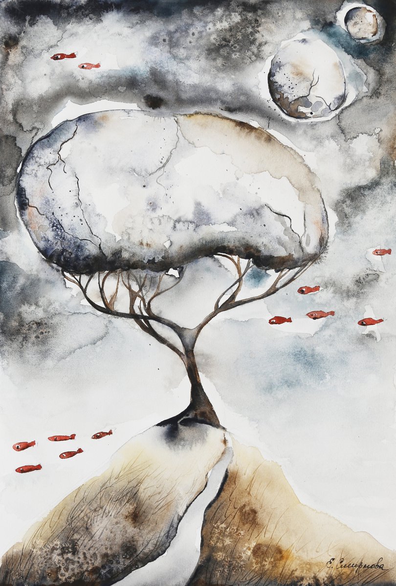 Surrealistic Landscape Watercolour By Evgenia Smirnova, 11 X 17, The Moon Tree, Original Artwork
