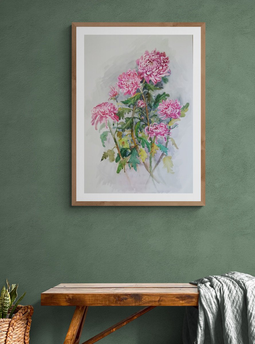 Impressionistic Botanical Watercolour By Ann Krasikova, 28 X 39, Pink Chrysanthemums Elegance, Original Artwork