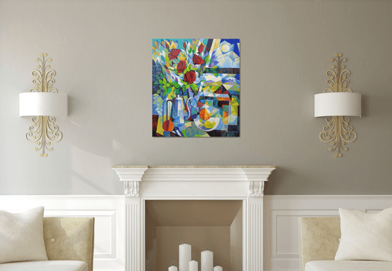 Still life with roses (80x90cm, cubism, oil painting, ready to hang)