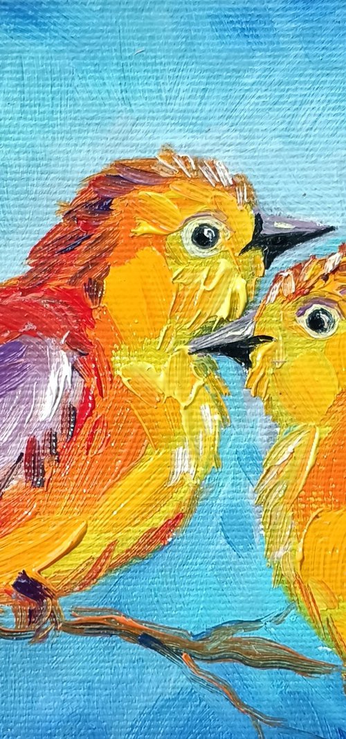 Orange birds - oil painting, bird, love, birds in love, birds oil painting, gift, bird art, art bird, animals oil painting by Anastasia Kozorez