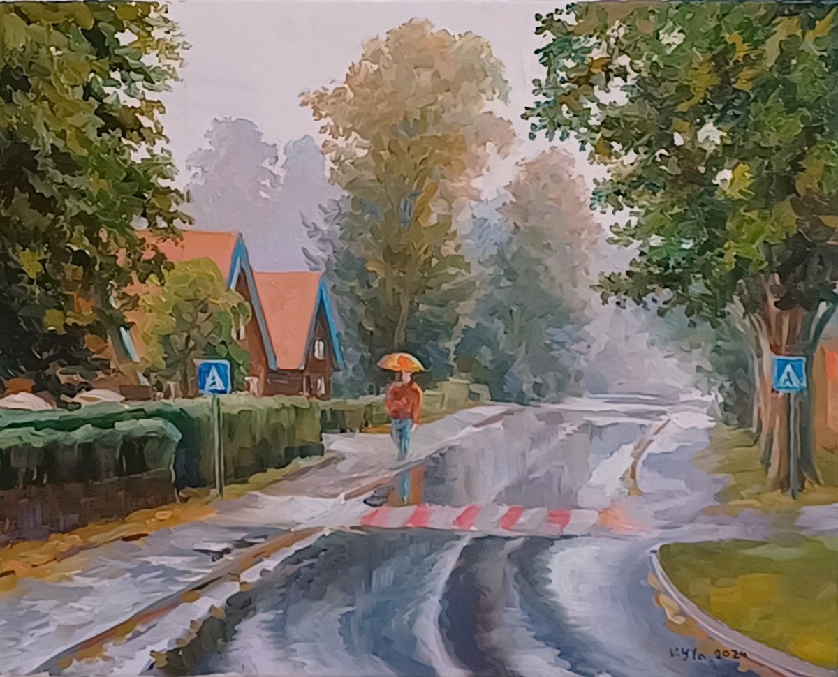 Impressionistic Landscape Oil Painting By Valentinas Yla, 24 X 20", Under The Rain, Original Artwork