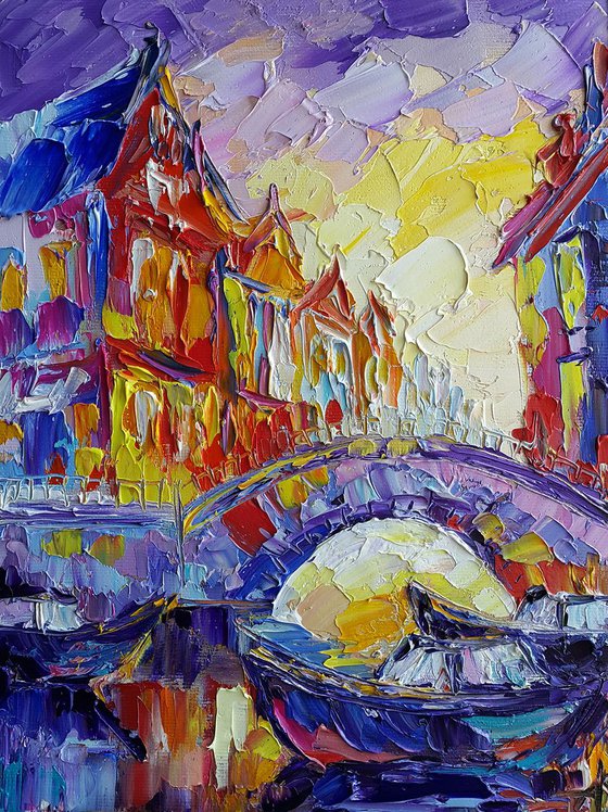 Sunset in Amsterdam - painting cityscape, evening Amsterdam, cityscape Amsterdam, landscape, oil painting, street scenery, painting on canvas, impressionism, city, gift