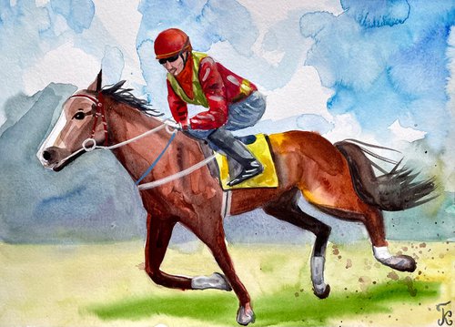 Horse Watercolor Painting, Horse Racing Original Artwork, Equestrian Sport Picture, Farmhouse Decor by Kate Grishakova