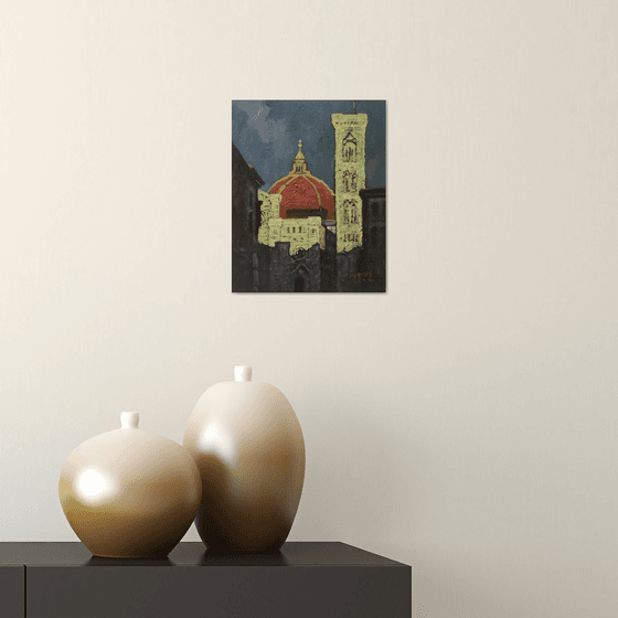 Original Oil Painting Wall Art Signed unframed Hand Made Jixiang Dong Canvas 25cm × 20cm Cityscape Golden Florence Italy Small Impressionism Impasto