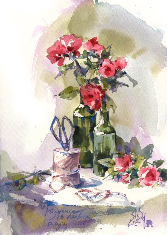 "Afternoon in a summer garden" still life with roses and green bottles