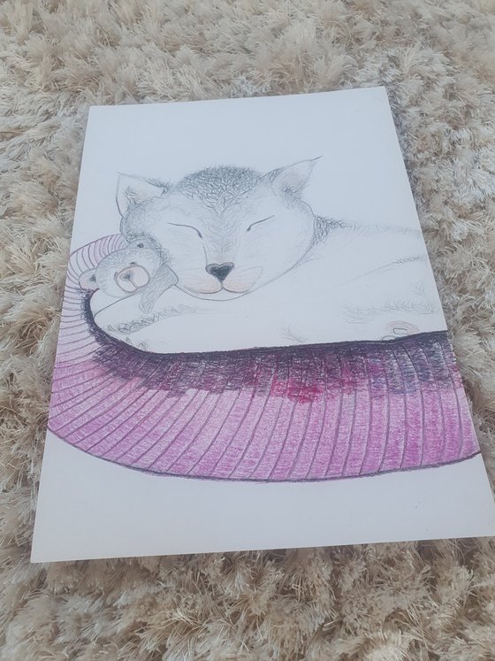 Cuddling with Teddy | Cat Drawing with Pencil and Watercolour Pencils A4 Size