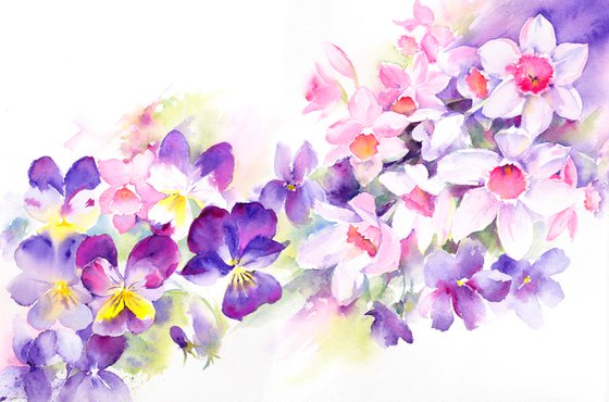 Narcissi & Violets, Daffodil, Spring, Commission, Commissioned art, Floral watercolour