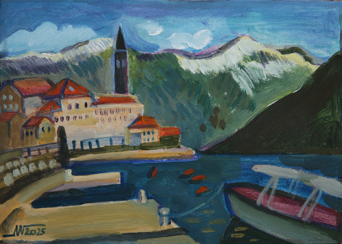 Landscape Acrylic Painting By Marina Gorkaeva, 14 X 10", Perast, Original Artwork
