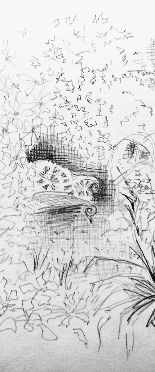 In Italy Sketch. Pavilion in the garden. Original pencil drawing. by Yury Klyan