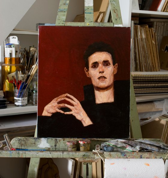 expressionist portrait of a man on a dark background (Egon Schiele influence)