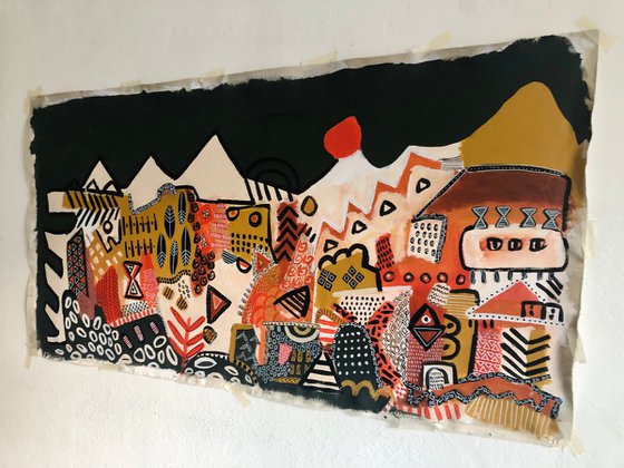 Landscape with red sun.