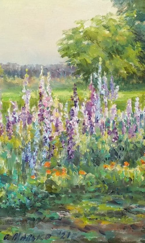 Evening garden. Flowers of my Mom / Summer landscape Original plain air painting by Olha Malko