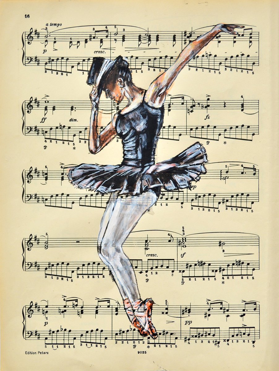 Expressive Portrait Collage By Misty Lady - M. Nierobisz, 9 X 12", Ballerina Xlvi- Music Page, Original Artwork