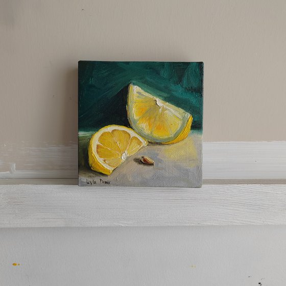 Lemon fruit still life oil painting realistic citrus wall decor 4x4"