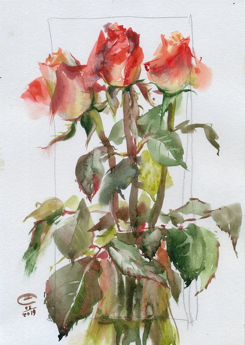 Still life with bouquet of roses. by Tatyana Tokareva