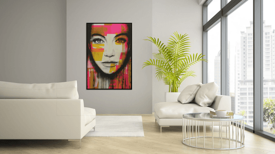 Portrait - Incl Frame - Pop Art Girl Painting - Neon Pink - Bright Eyes in White -