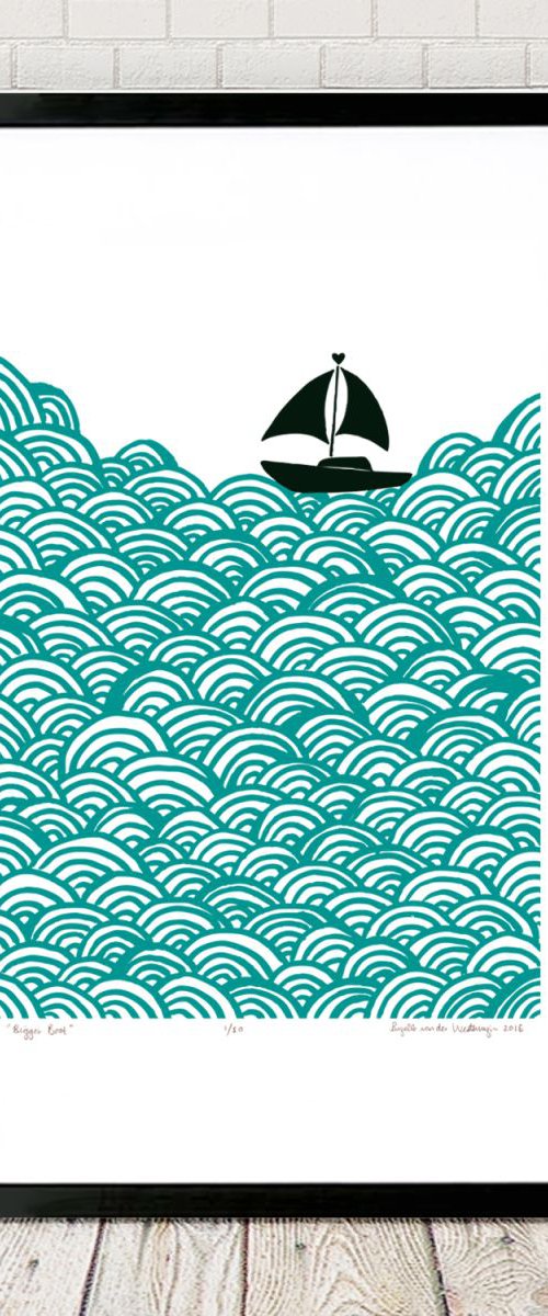 Bigger Boat A2 Size in Green Lagoon - Framed FREE UK Delivery by Lu West