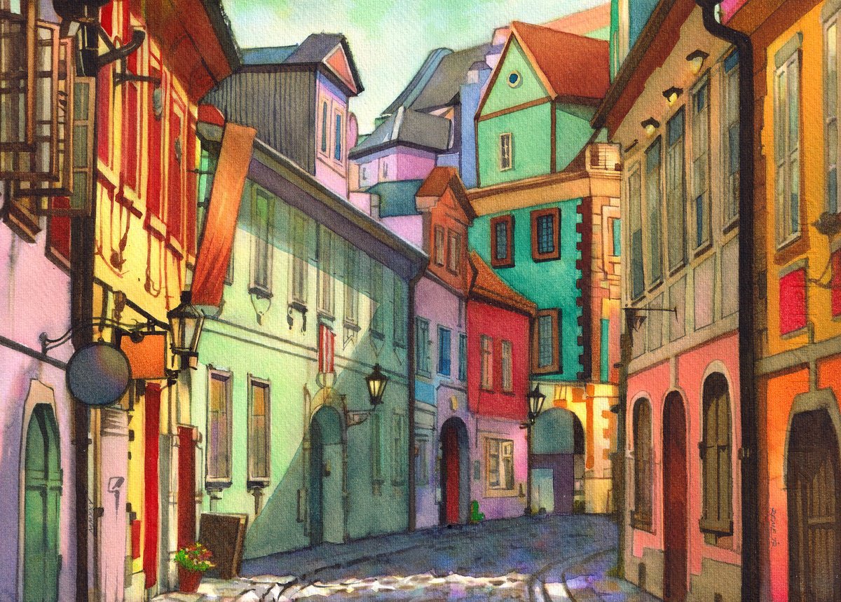 Impressionistic Cityscapes Watercolour By Reme Jr., 14 X 10", Street In Prague, Original Artwork