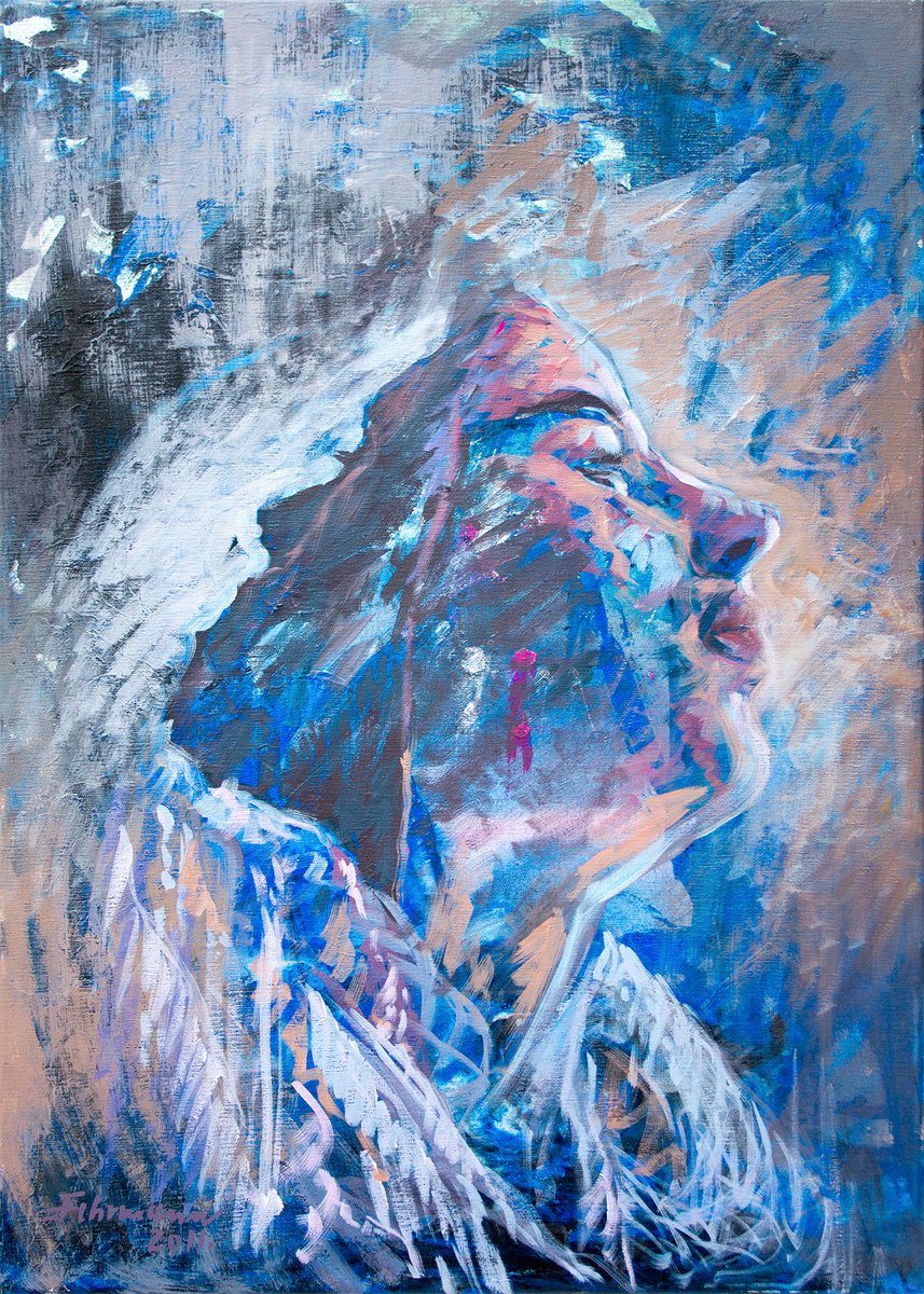 Expressive Portrait Acrylic Painting By Uwe Fehrmann, 22 X 30", Evening Light, Original Artwork