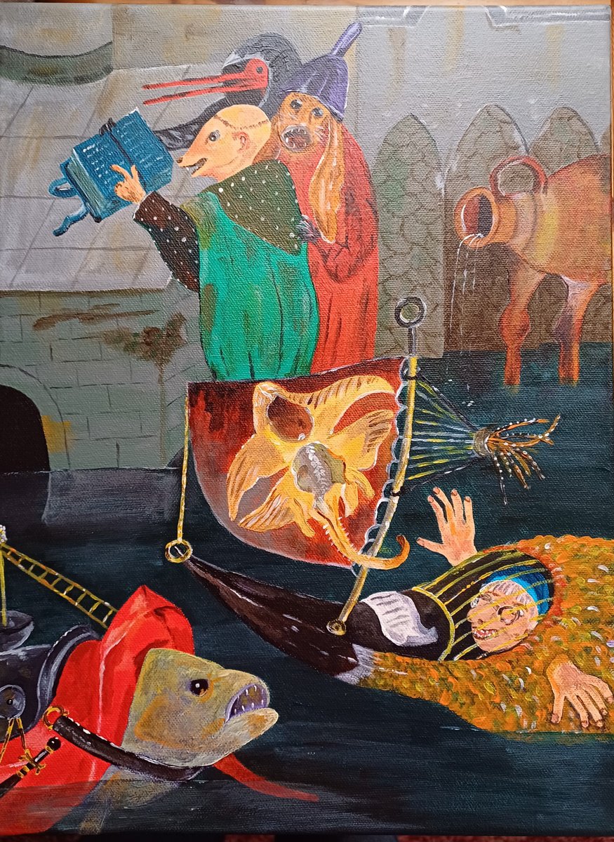 Naive Animal Acrylic Painting By Corinne Hamer, 12 X 16, The Priest, Original Artwork