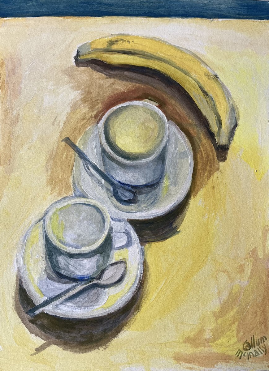 Expressive Still Life Acrylic Painting By Christine Callum Mcinally, 12 X 16, Banana And Two Espresso Cups, Original Artwork