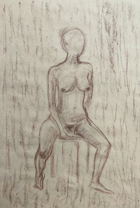 Nude. Sketch. Original pastel drawing on beige paper