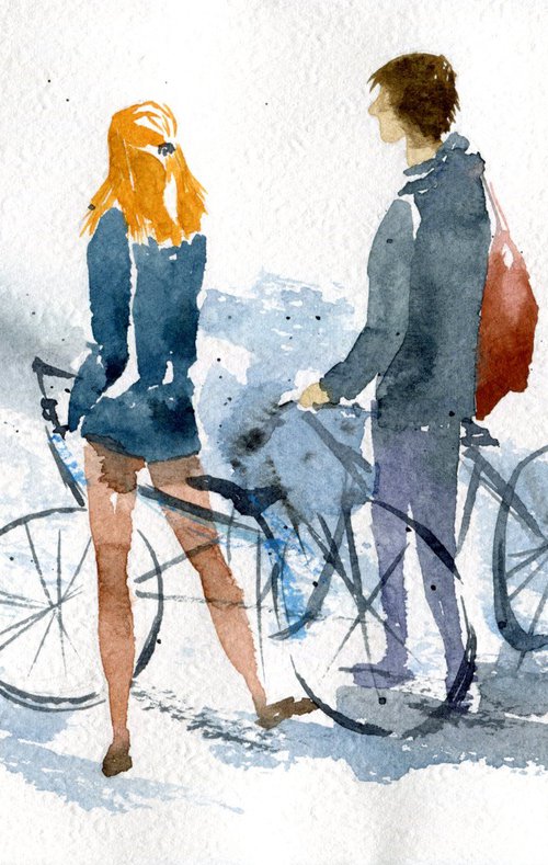 Set of 2 sketches with people with bicycles. Urban sketching. Original artwork. by Evgeniya Mokeeva