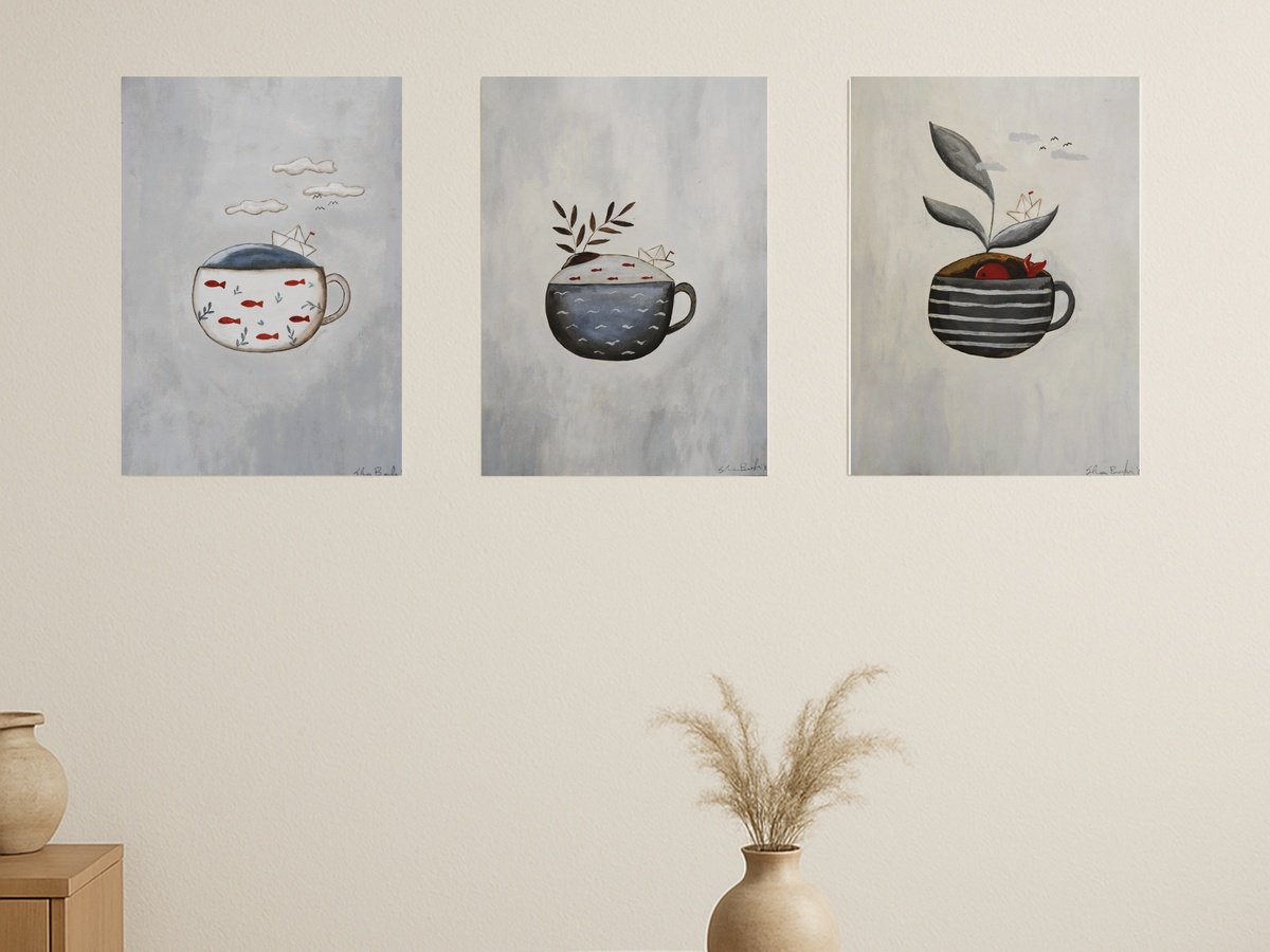 Illustrative Landscape Oil Painting By Silvia Beneforti, 8 X 12", About The Sea, Set Of 3, Original Artwork