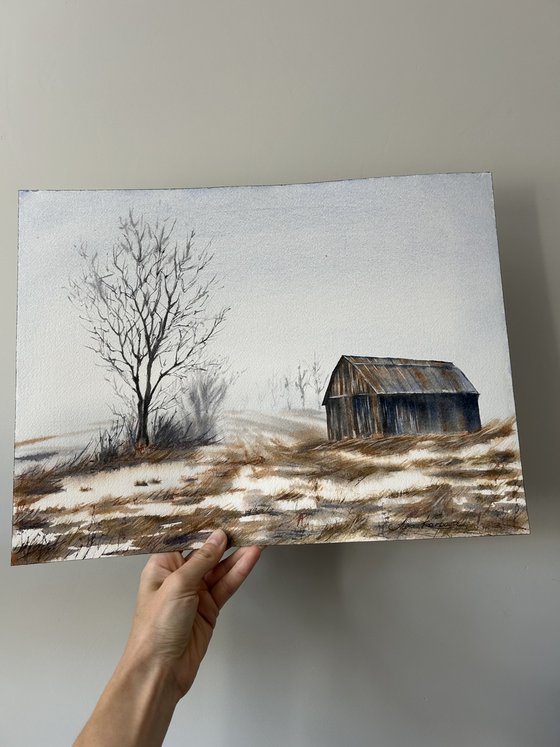 Old barn winter scene