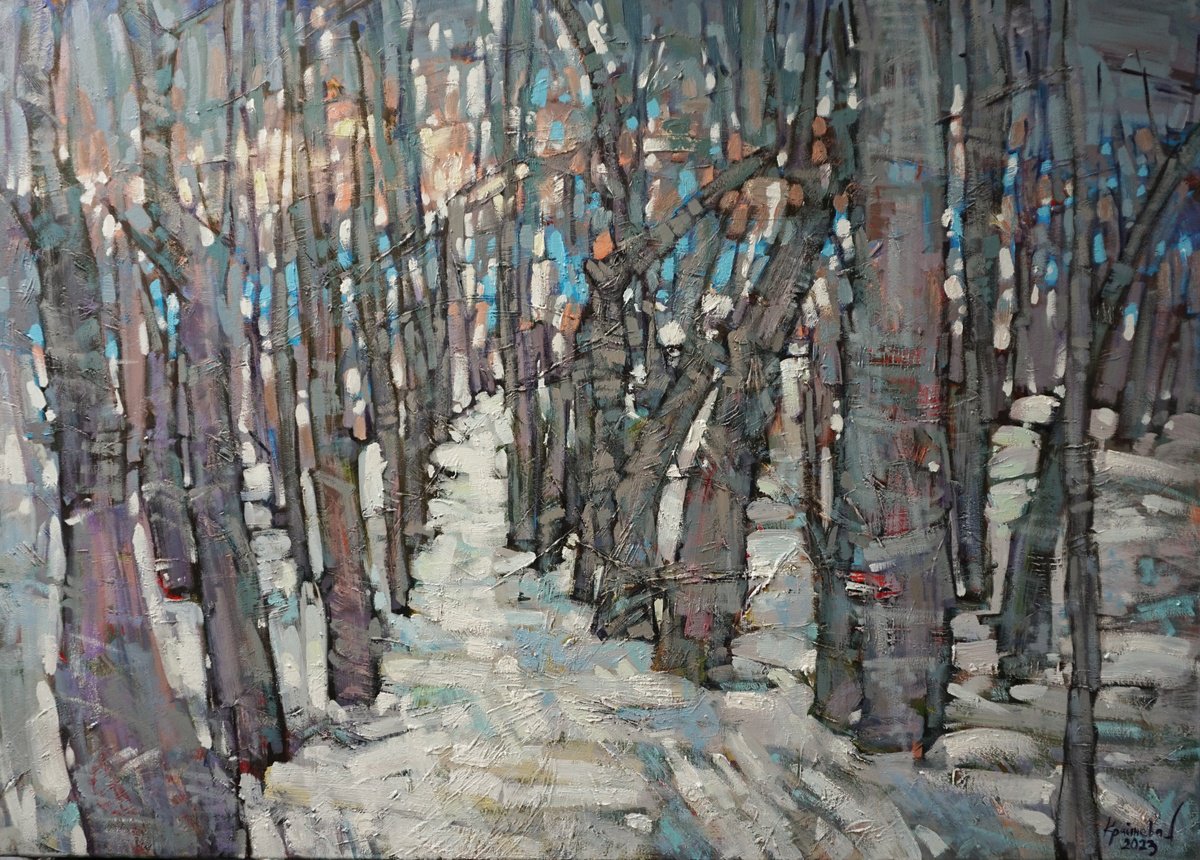Impressionistic Landscape Oil Painting By Anastasiia Kraineva (Masniuk), 55 X 39, Silver Day In A Gray Forest, Original Artwork