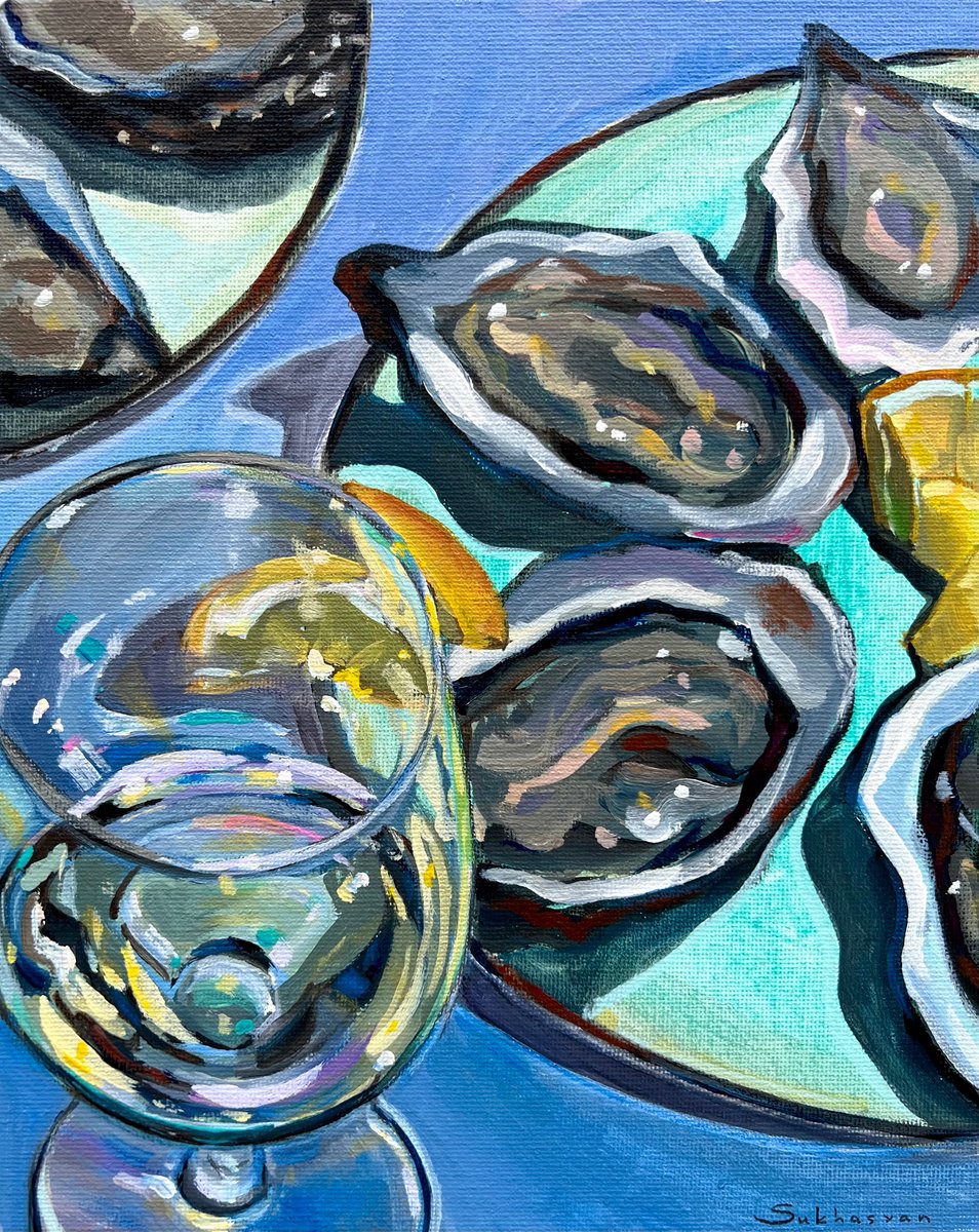 Still Life with Wine, Oysters and Lemons by Victoria Sukhasyan