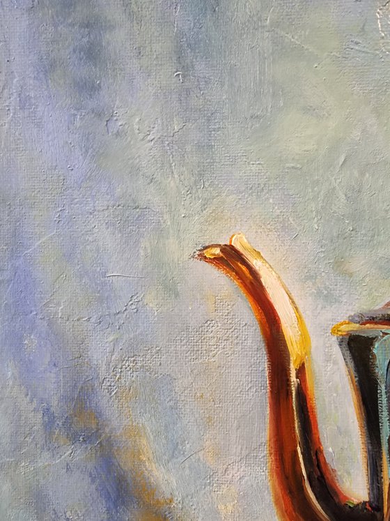 "Teapot and plums. "   still life  liGHt original painting  GIFT (2022)
