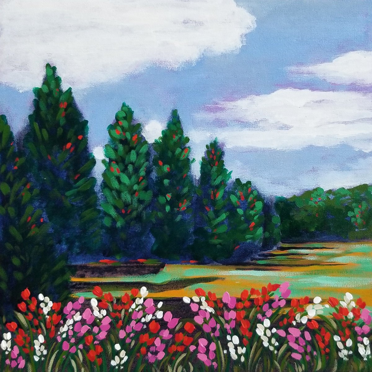 Impressionistic Landscape Painting By Karen Rieger, 12 X 12", Trees Cast Their Shadows, Original Artwork