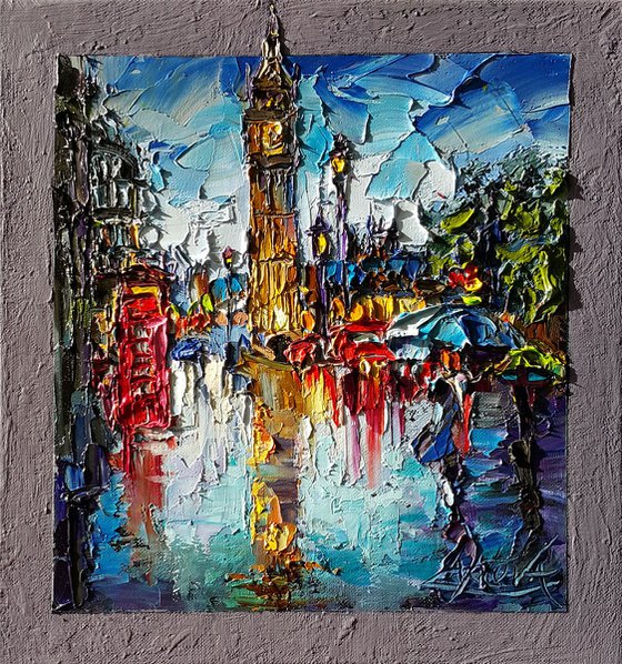 In London it's raining - oil painting, palette knife