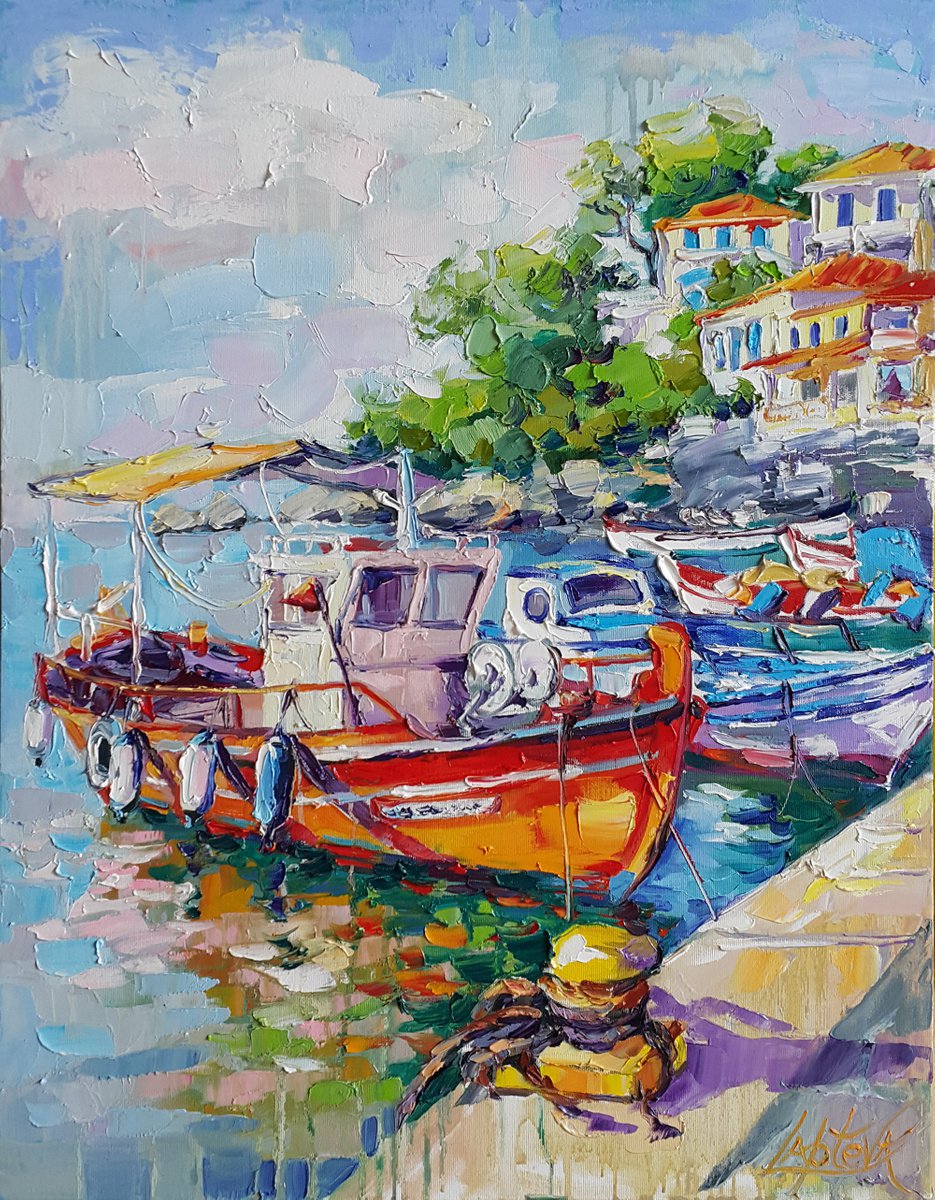Expressive Landscape Oil Painting By Viktoria Lapteva, 22 X 28", Boats At The Pier, Original Artwork