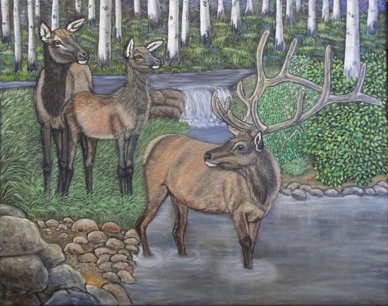 original oil painting Elks