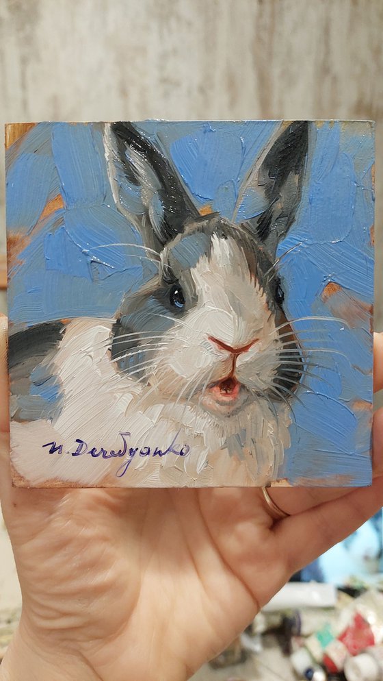 Cute bunny rabbit painting original oil framed 4x4, White gray Bunny pet art gift