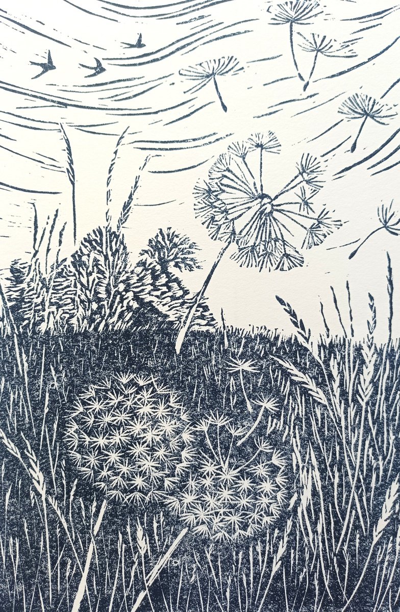 Illustrative Landscape Linocut By Jo Biggadike, 11 X 16, The Wind Says Fly, Original Artwork
