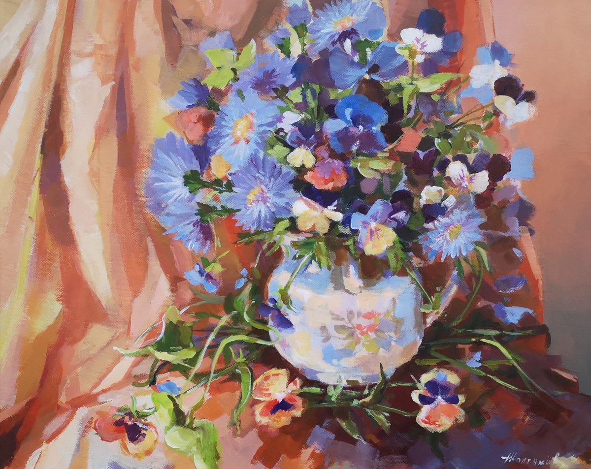 Impressionistic Still Life Acrylic Painting By Alexander Koltakov, 20 X 16, Flowers, Original Artwork